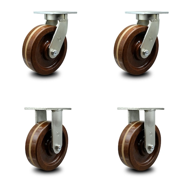 8 Inch Heavy Duty High Temp Phenolic Wheel Caster Swivel 2 Rigid, 4PK